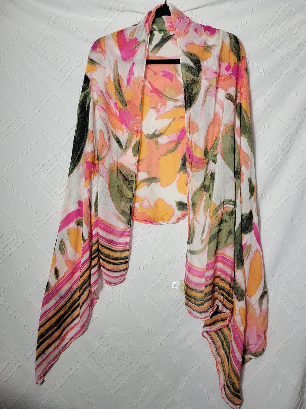Floral Lightweight Open Front Shawl - Pink, Peach & Olive